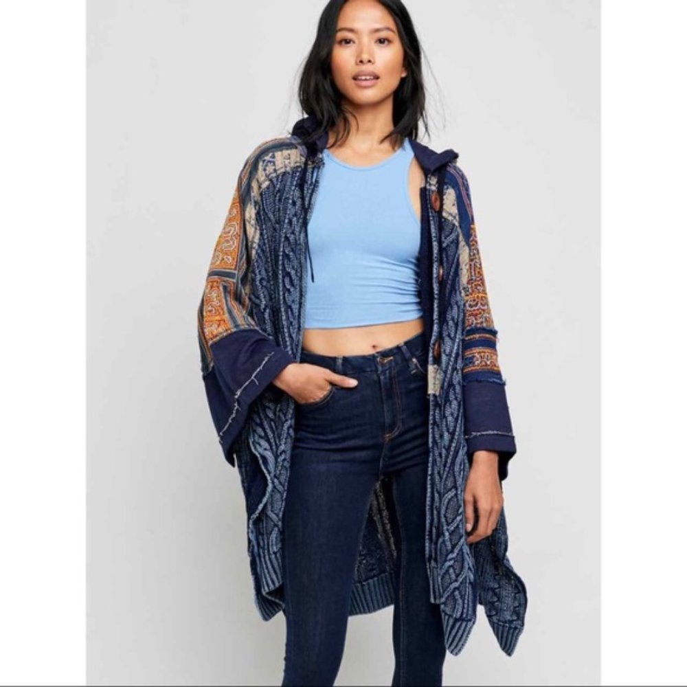 NEW! Free People Sammy Cotton Cable Knit Poncho Indigo Blue